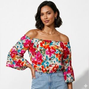 Floral Off Shoulder Top Bell Sleeve Boho Blouse Pink Blue Lightweight Sz M